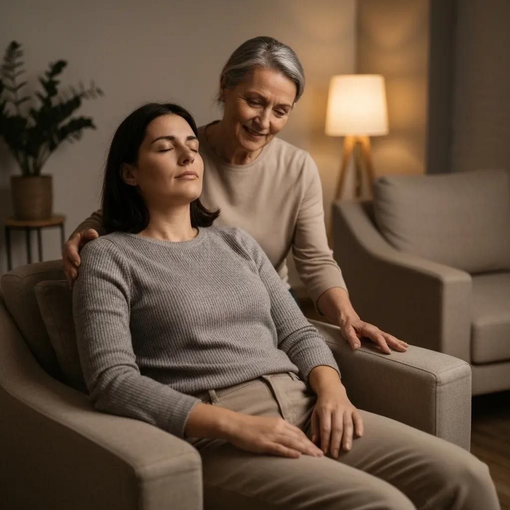 Woman with eyes closed, mother touching her shoulder, indoor living room, neutral colors.