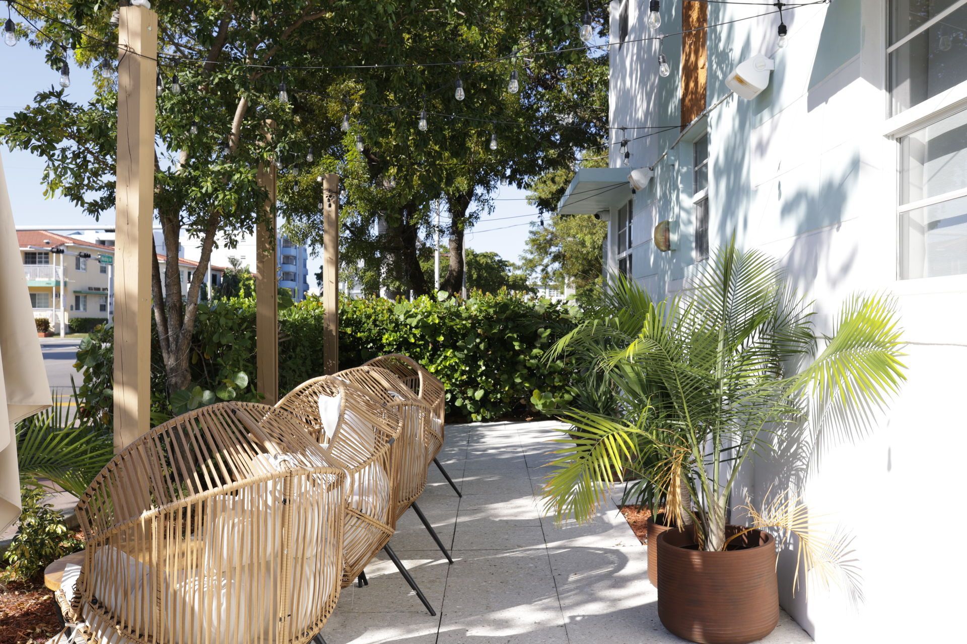 Outdoor seating area with wicker chairs, potted plants, and a light-colored building.
