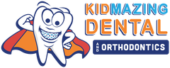 The logo for a Kidmazing Dental and Orthodontics with a tooth wearing braces and a cape.
