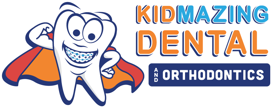 A logo for a dental office with a tooth wearing braces and a cape.