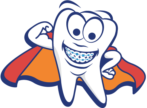 Kidmazing Dental and Orthodontics logo with a cartoon tooth with braces is wearing a cape.