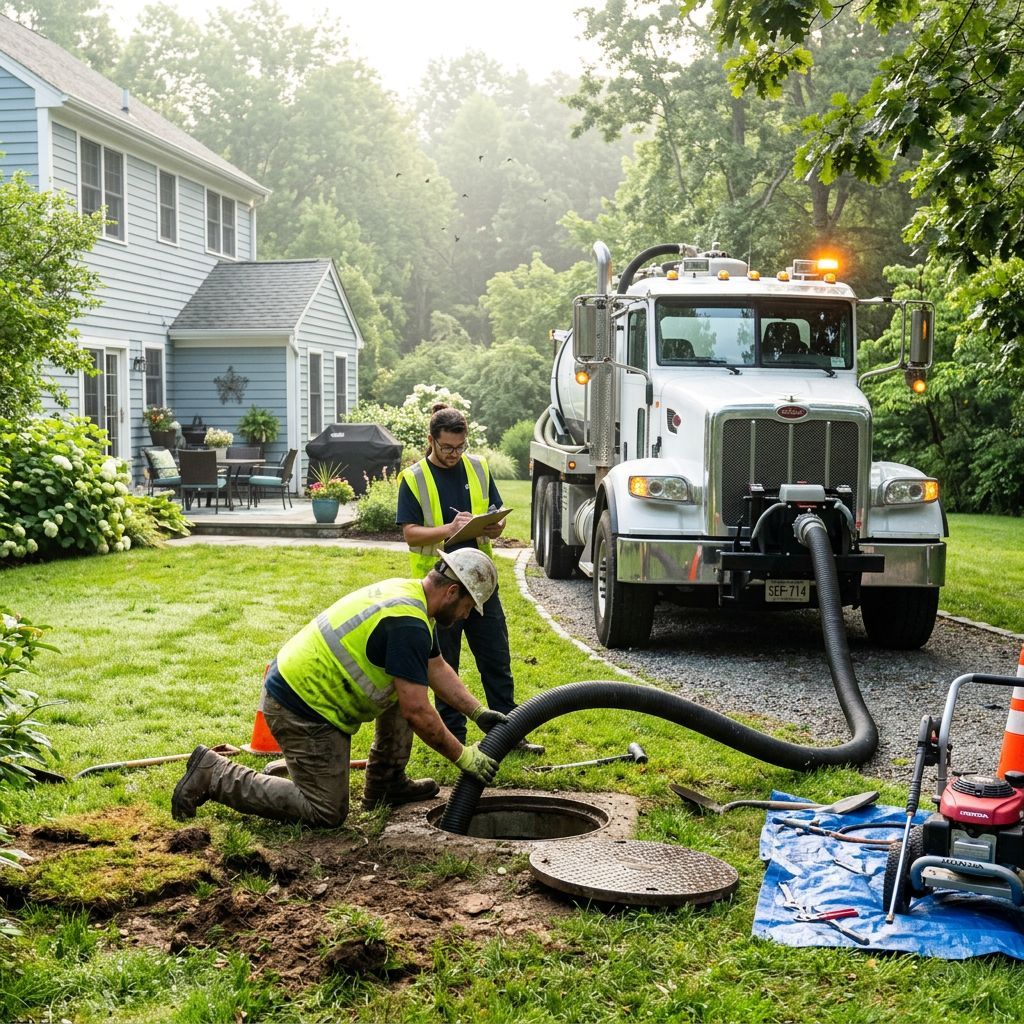 Workers repairing a lawn drain beside a house, with a utility truck and tools on a green residential yard.