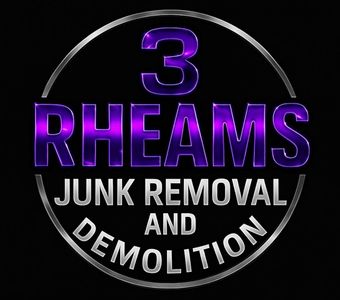 The logo for 3 rheams junk removal is purple and silver on a black background.