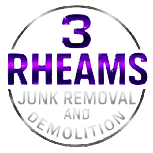 The logo for 3 rheams junk removal is purple and silver.