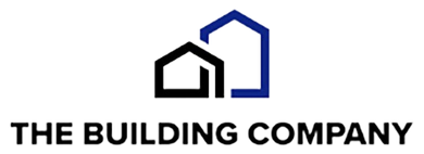 A blue and black logo for the building company.