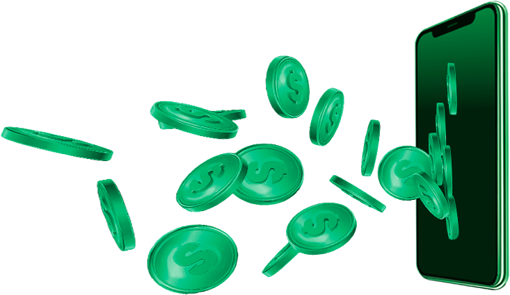 Um monte de moedas verdes estão caindo de um celular.