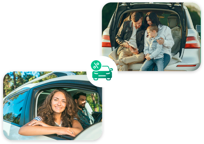 Uma família está sentada no porta-malas de um carro.
Uma mulher está sorrindo na janela de um carro.