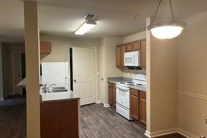 A kitchen with wooden cabinets , a stove , microwave and sink.
