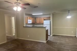 A living room with a ceiling fan and a kitchen in the background.