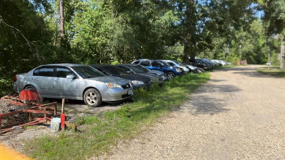 Cars parked along a gravel road, trees and foliage in the background.