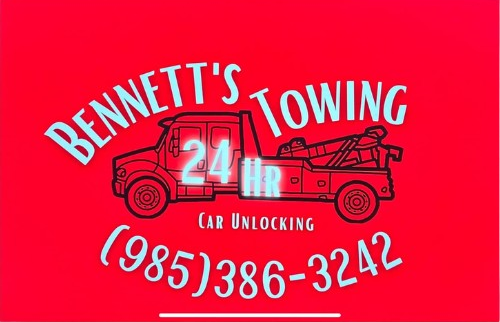 Red sign for Bennett's Towing. Black truck graphic with white text, "(985) 386-3242", "24 hr" and "Car Unlocking".