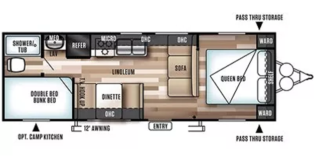 Floor plan of a camper showing a queen bed, sofa, dinette, bunk beds, and kitchen area.