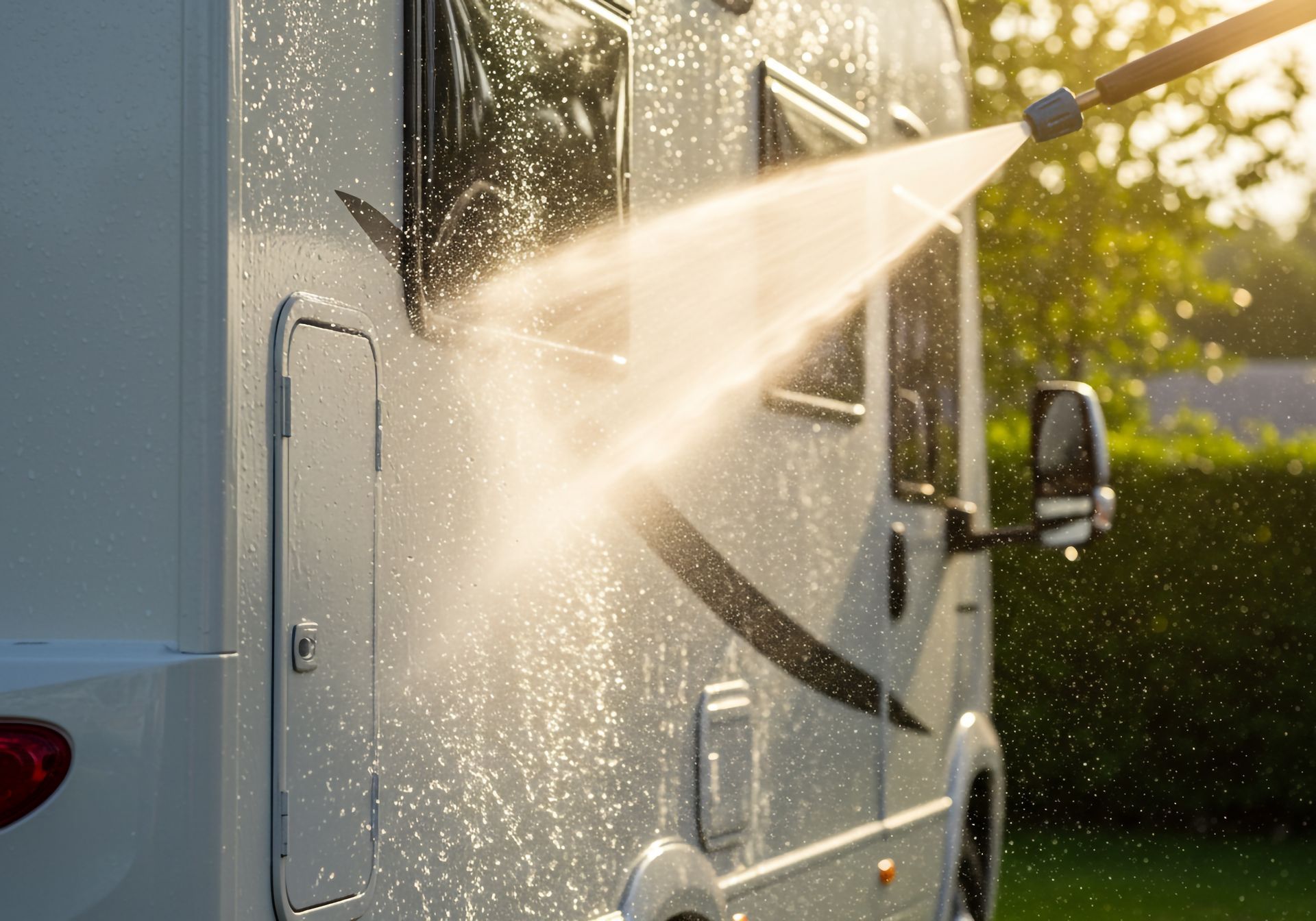 RV being washed with a pressure washer; water spraying across the side of the vehicle in sunlight.
