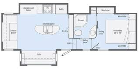 RV floorplan with a kitchen island, sofa, and a bedroom with a queen bed.