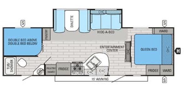 Floorplan of a recreational vehicle with bedrooms, bathroom, kitchen, and living area.