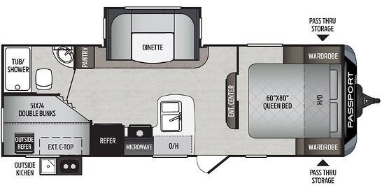 Floor plan of a recreational vehicle; features include a bedroom, kitchen, bathroom, and living area.