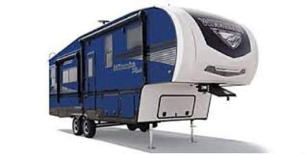 Blue and white fifth wheel RV.