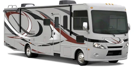 Beige and maroon RV parked outdoors, slide-out extended, under a blue sky.