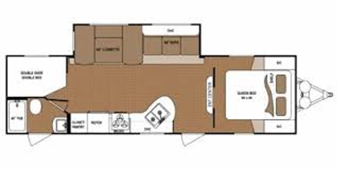 Floor plan of a recreational vehicle; features include a bedroom, kitchen, bathroom, and living area.