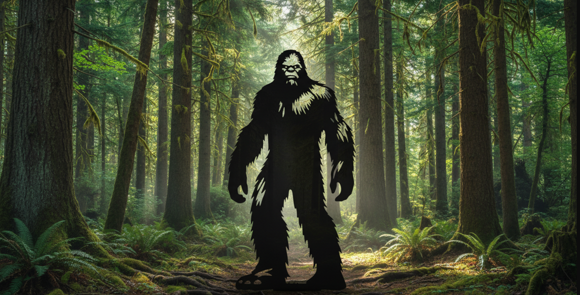 Bigfoot stands in a lush forest, facing the viewer. The creature is dark against the sunlit trees.