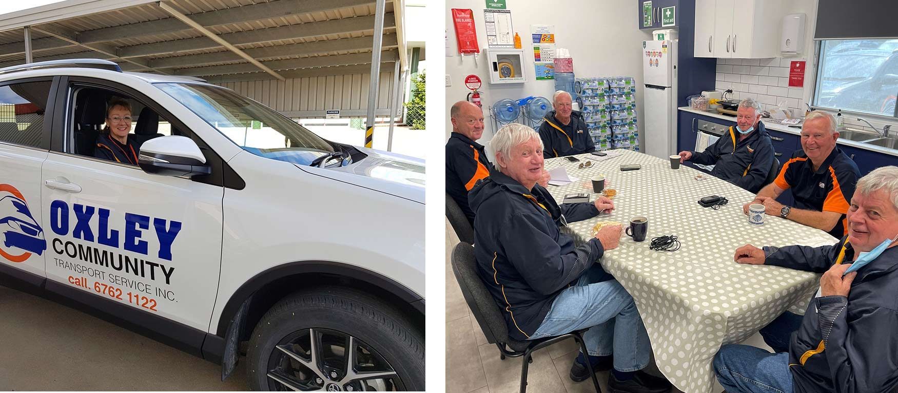 Robyn Driving The Oxley Community Car And Group Of Men Volunteer Drivers — Aged Care Transport in Tamworth, NSW