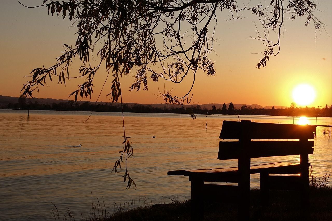 View from a bench into a river at sunset