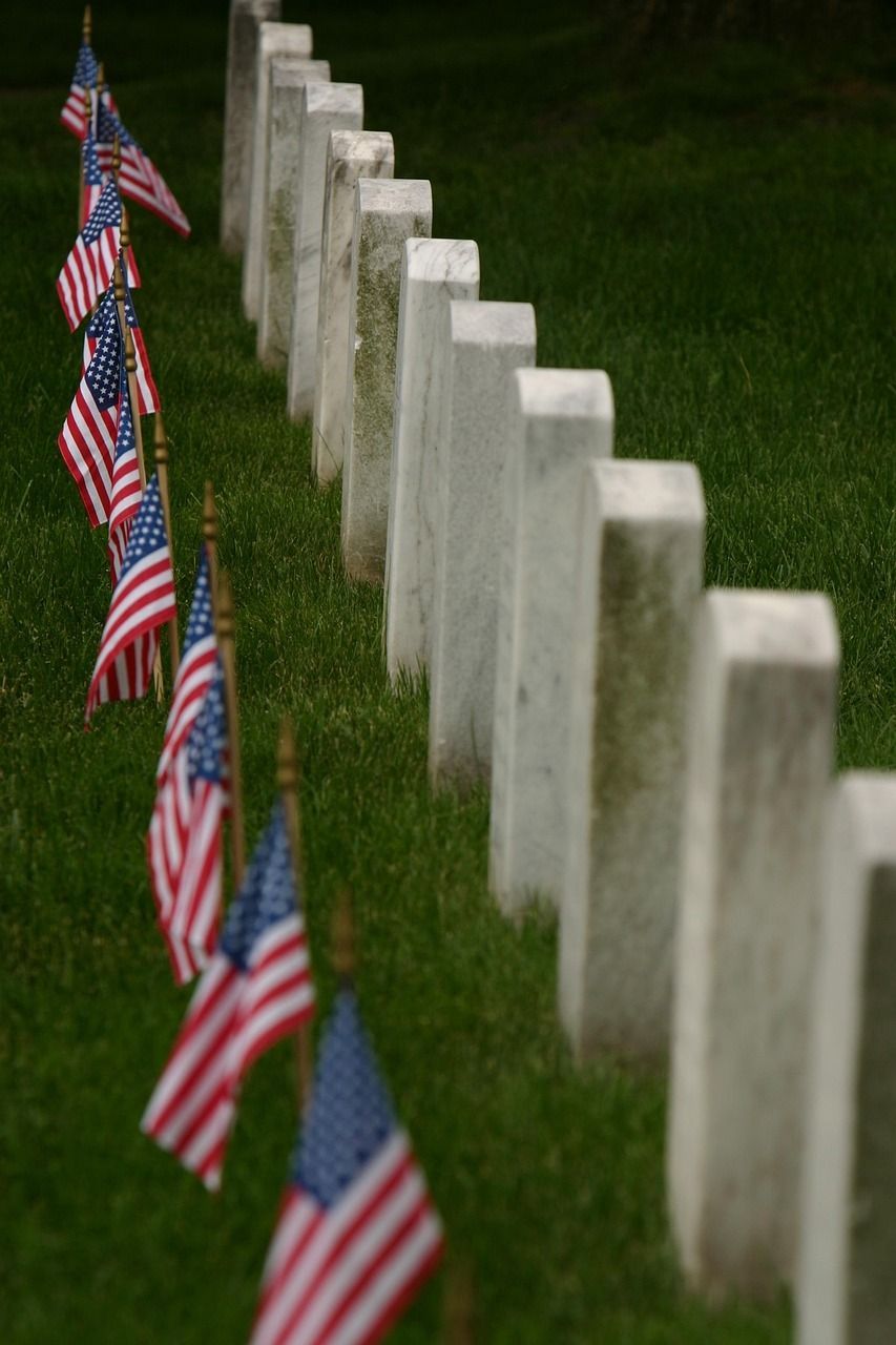 Photograph of a veteran cemetery, showing several headstones lined up with flags in front
