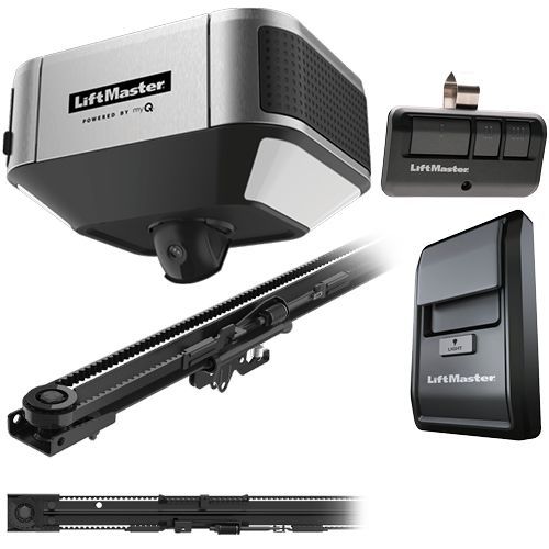 A picture of a liftmaster garage door opener with a remote control.