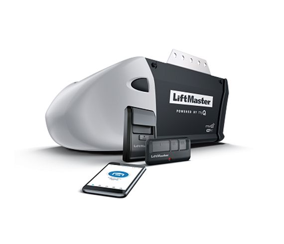 A liftmaster garage door opener with a remote control and a cell phone.