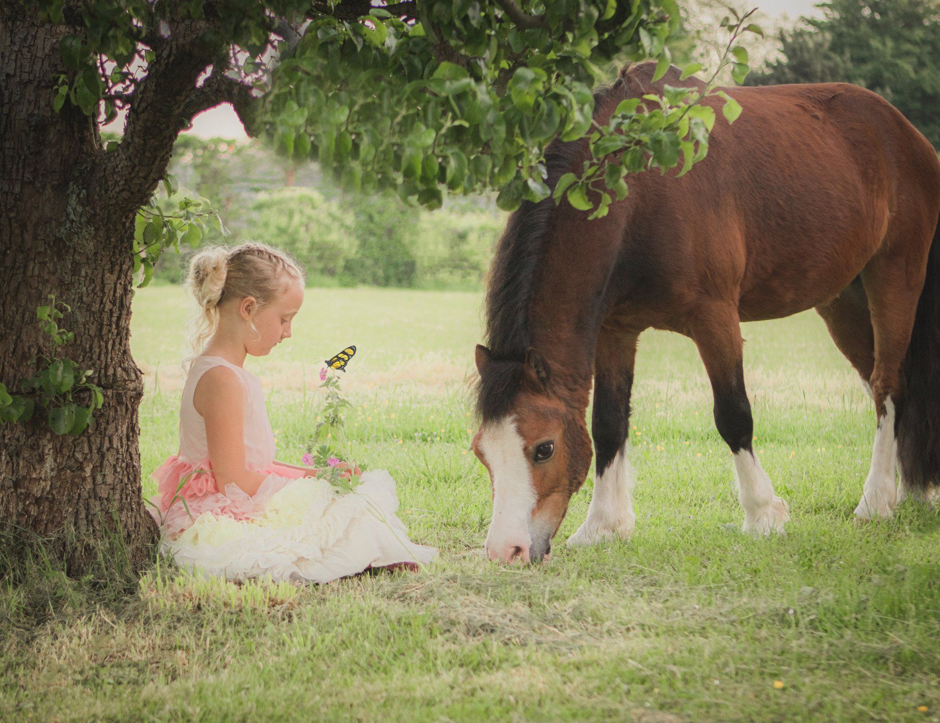 Een klein meisje zit onder een boom naast een paard