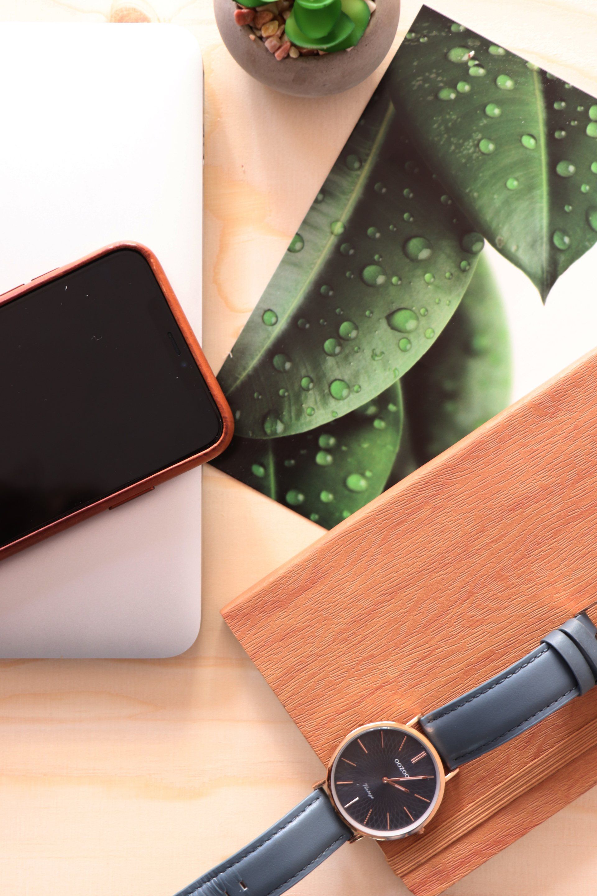 Een mobiele telefoon, een horloge, een laptop en een foto van een plant liggen op een houten tafel.