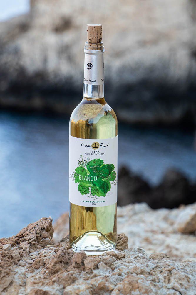 Een fles witte wijn staat op een rots vlakbij de oceaan. Can Rich