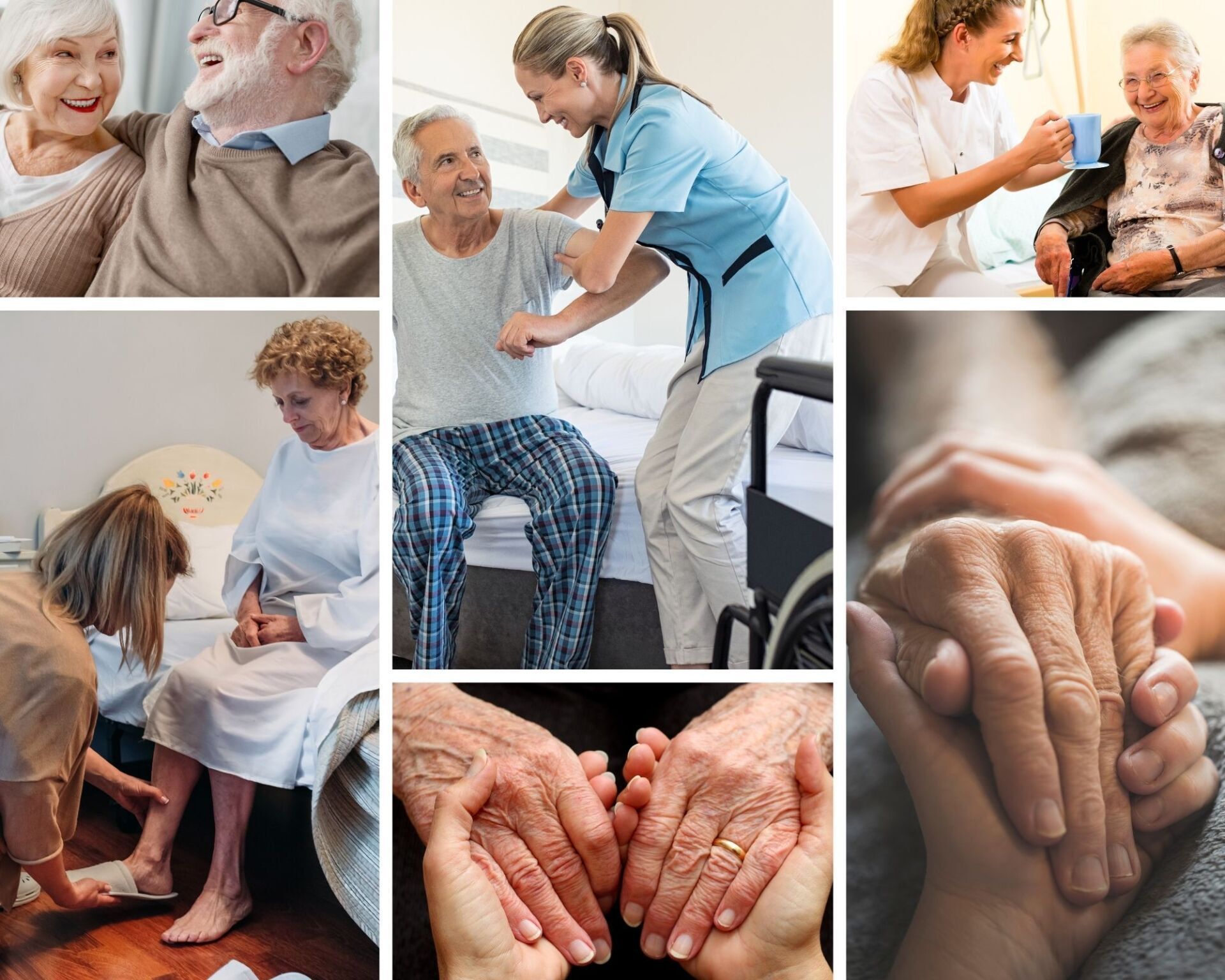 Een collage van foto's van ouderen die door verpleegkundigen worden verzorgd.