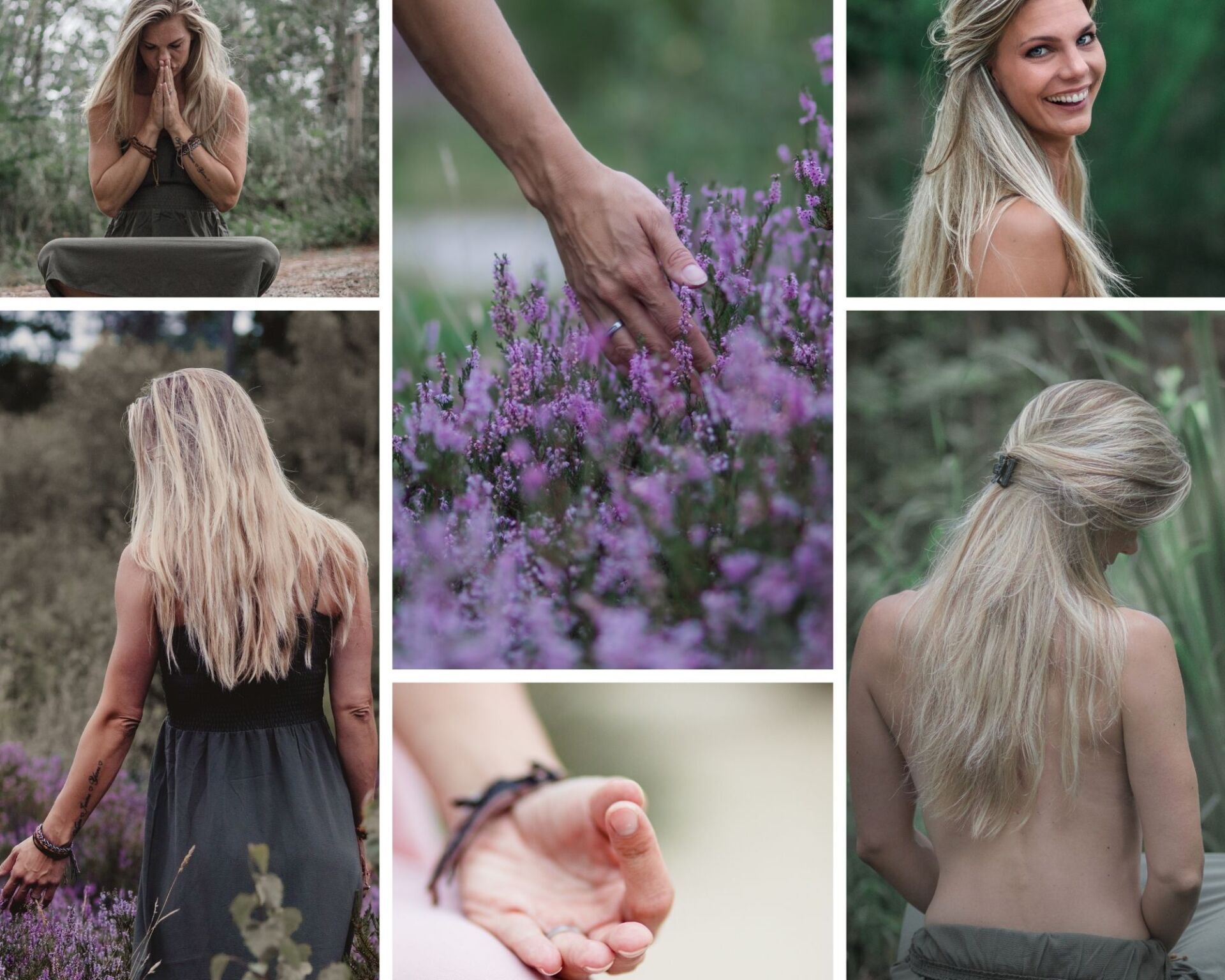 Een vrouw in een zwarte jurk staat in een veld met paarse bloemen.