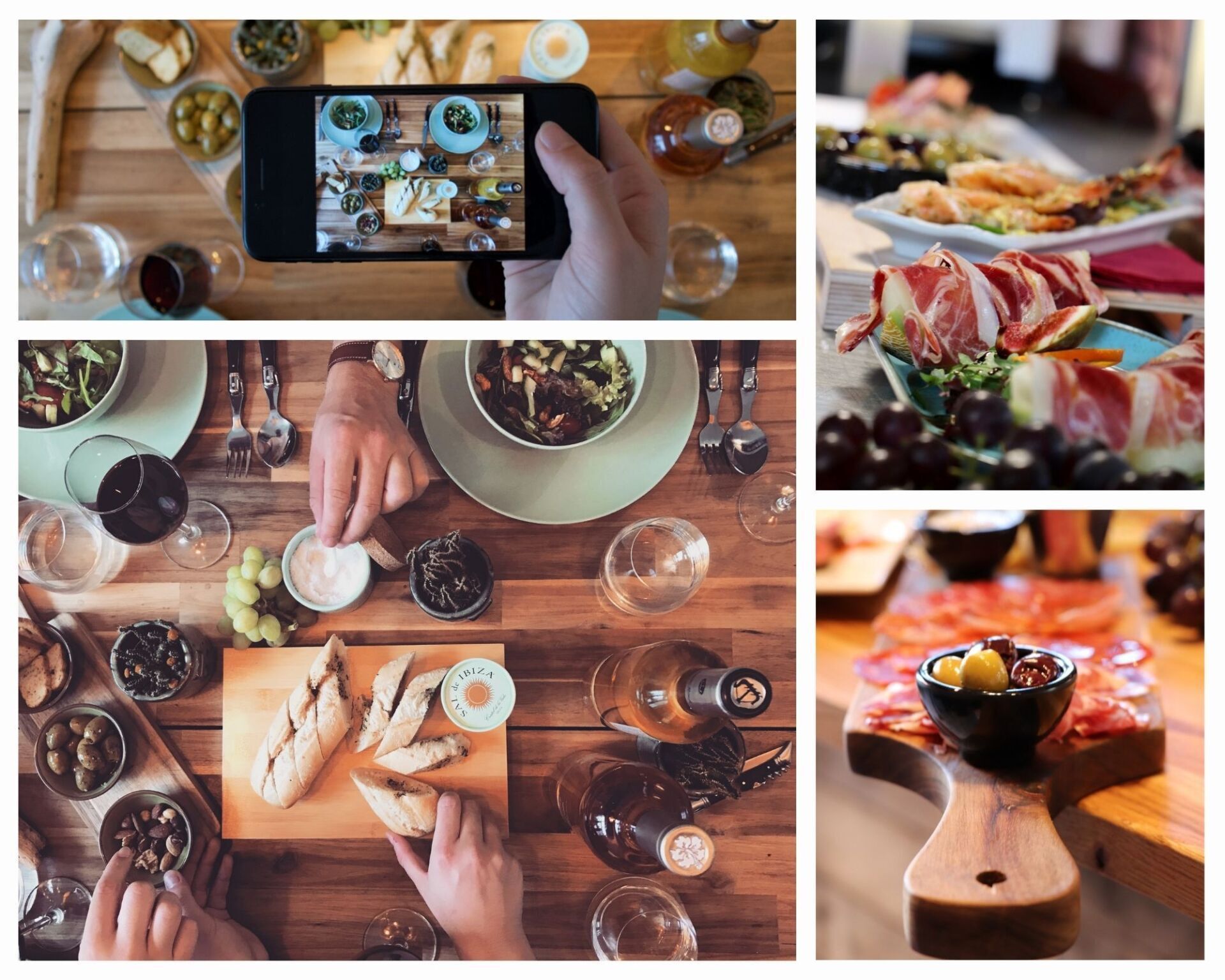 Iemand maakt met een mobiele telefoon een foto van een tafel vol eten.