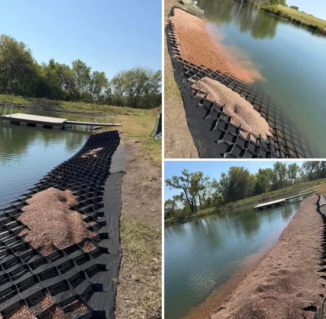 Three views of a shoreline stabilization project. A black geocell grid is filled with reddish gravel along a lake.