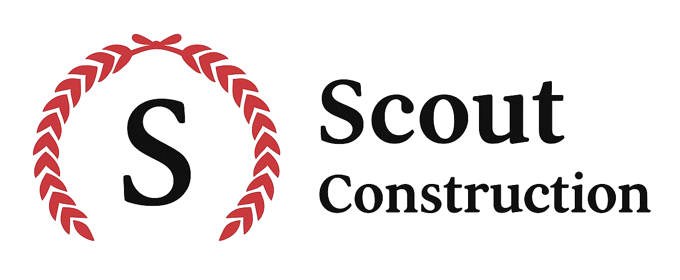 Logo for Scout Construction, featuring a red wreath around a black "S" and the company name.