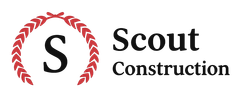 Logo for Scout Construction, featuring a red wreath around a black "S" and the company name.
