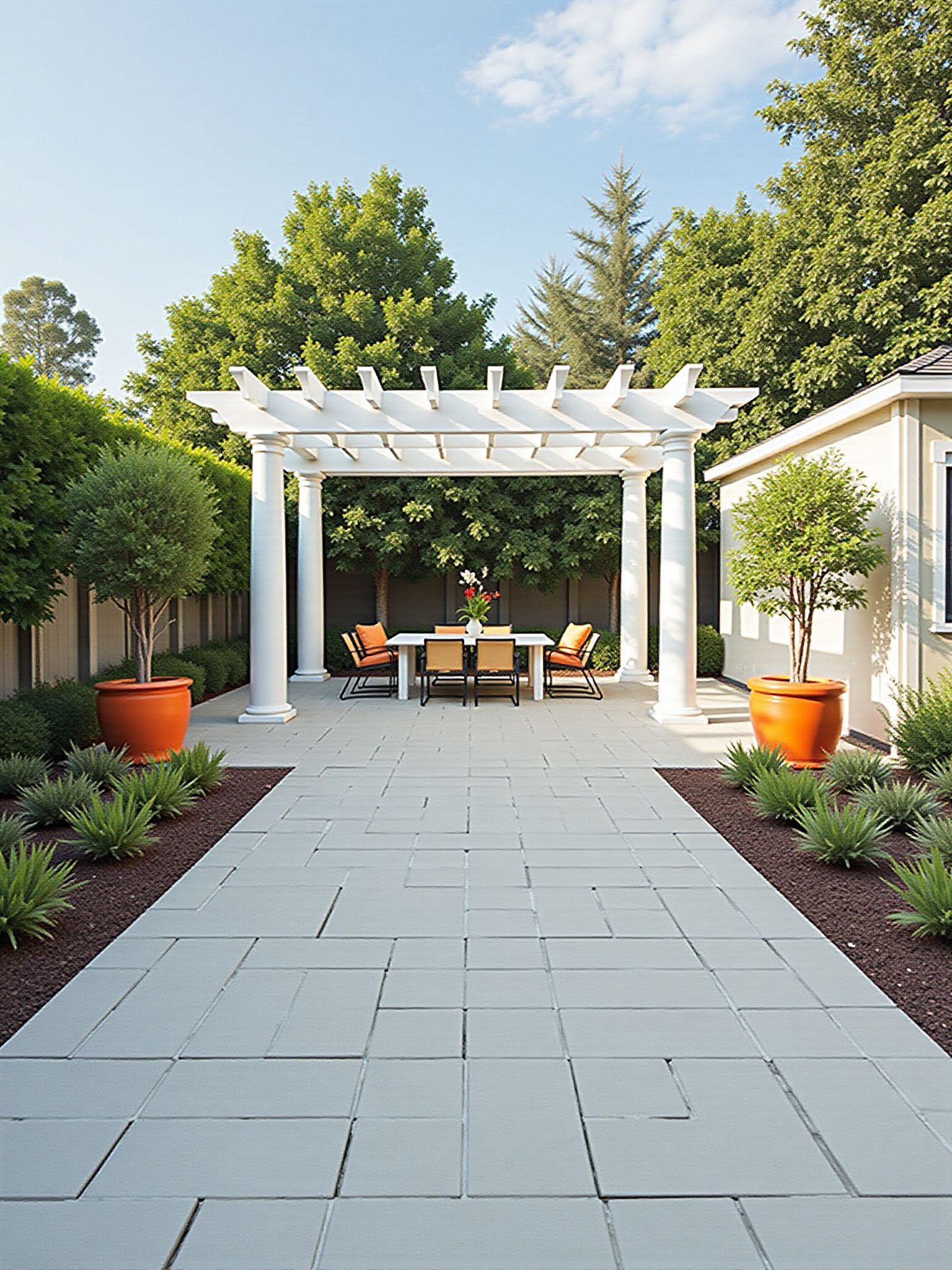 A paved patio with a white pergola, dining set, and potted trees.