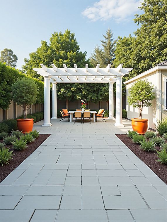 A paved patio with a white pergola, dining set, and potted trees.