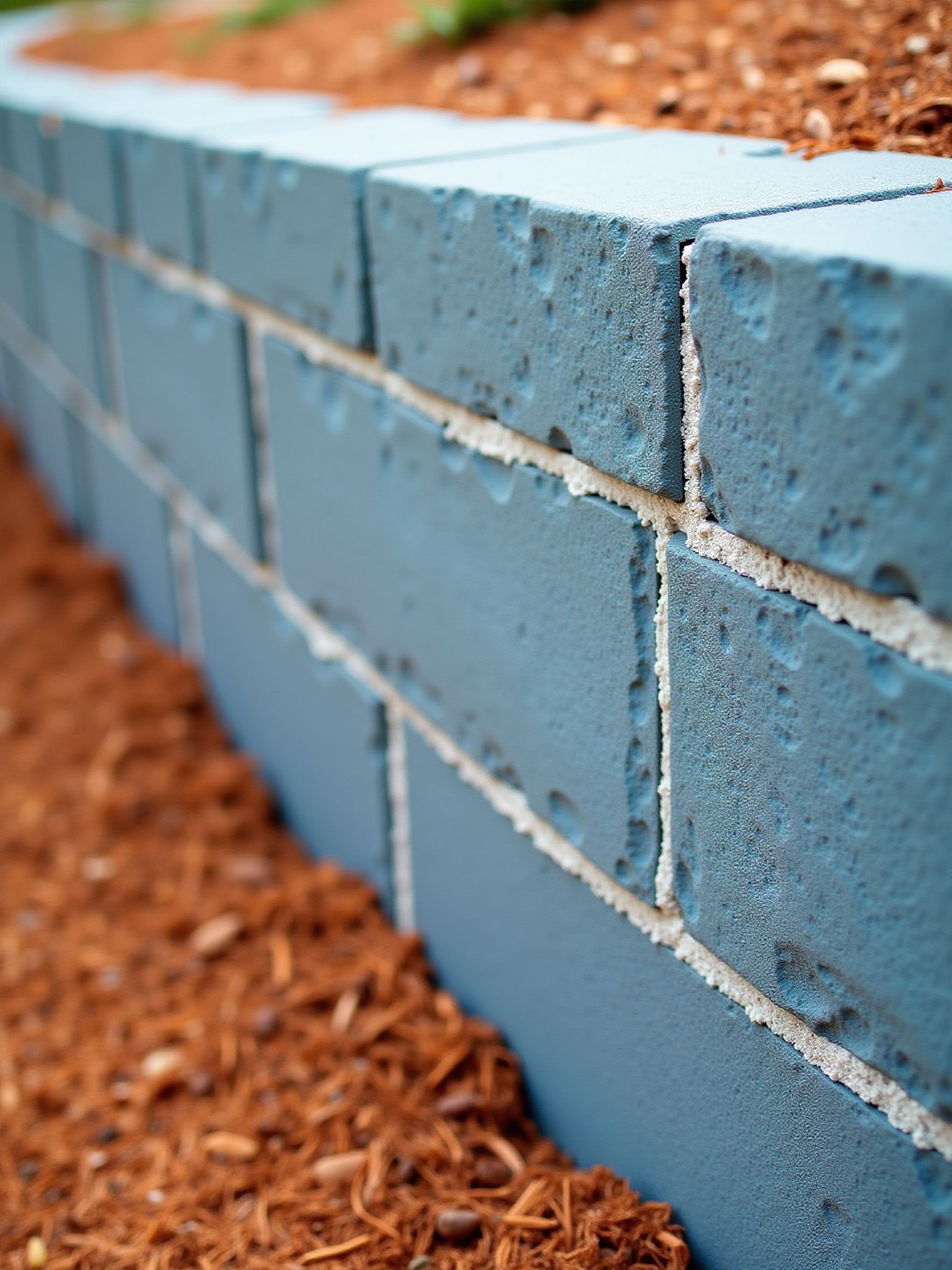 Painted blue brick retaining wall in a garden bed with brown mulch.