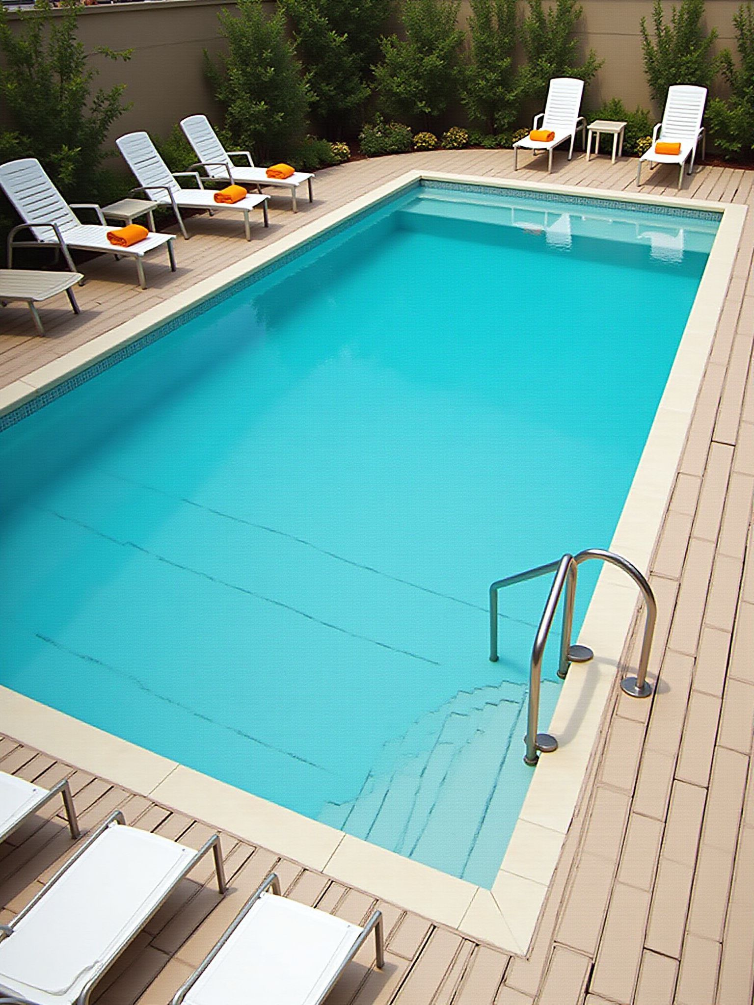 Rectangular outdoor swimming pool surrounded by lounge chairs, in a brick patio setting.