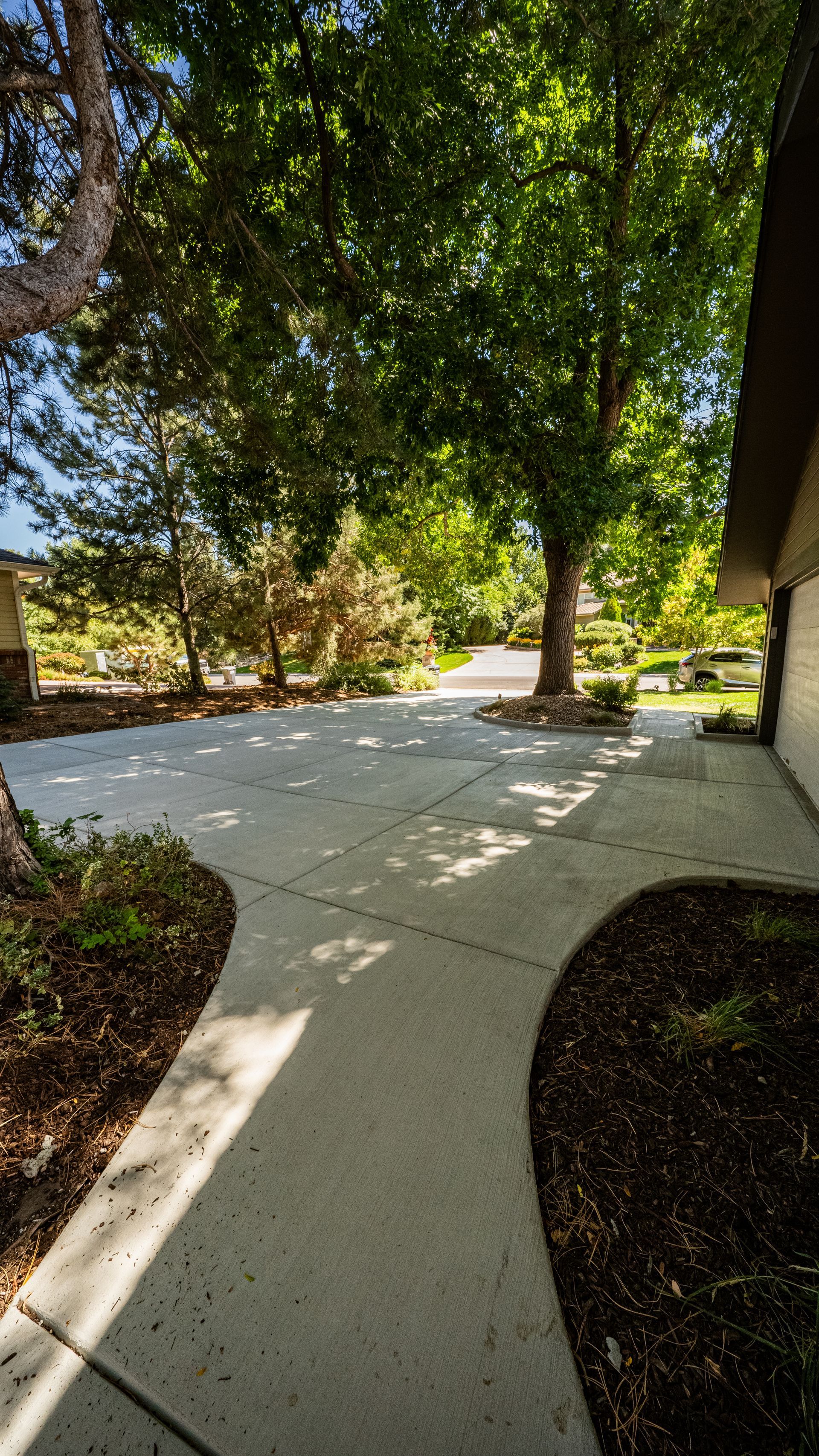 Curved concrete walkway beside trees and a building, with sunlight and shadows in a landscaped area