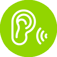 Un icono de oreja blanca en un círculo verde.