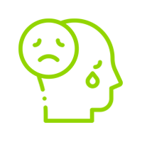 Un dibujo de línea verde de la cabeza de una persona con una cara triste en ella.