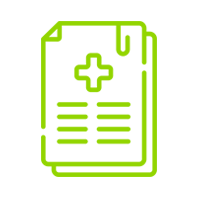 Un icono verde de un informe médico con una cruz encima.
