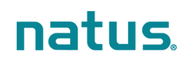 Un logotipo de Natus azul sobre un fondo blanco