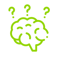 Un cerebro verde con tres signos de interrogación saliendo de él.