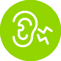 Una oreja con un rayo saliendo de ella en un círculo verde.