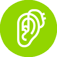 Un icono de oreja blanca en un círculo verde.